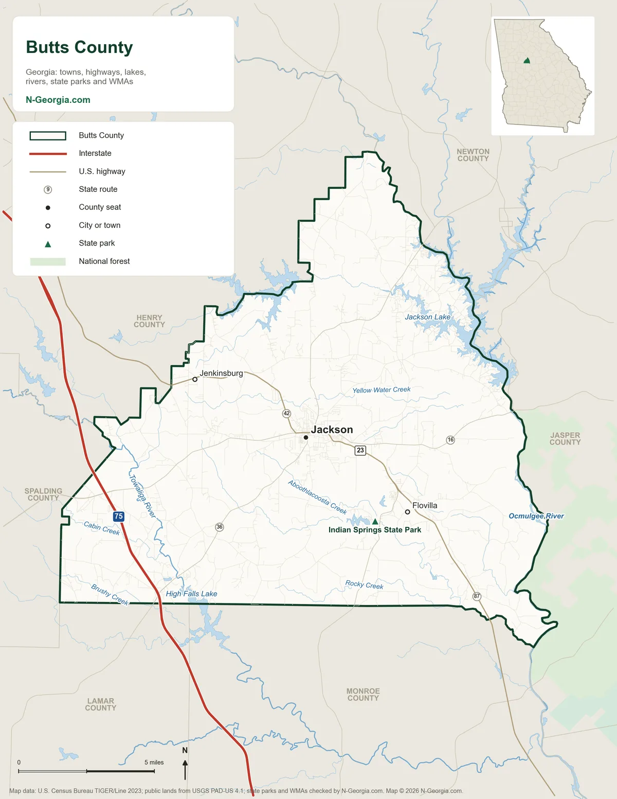 Map of Butts County, Georgia, showing the county seat of Jackson, other towns, highways, rivers and lakes, state parks and neighboring counties
