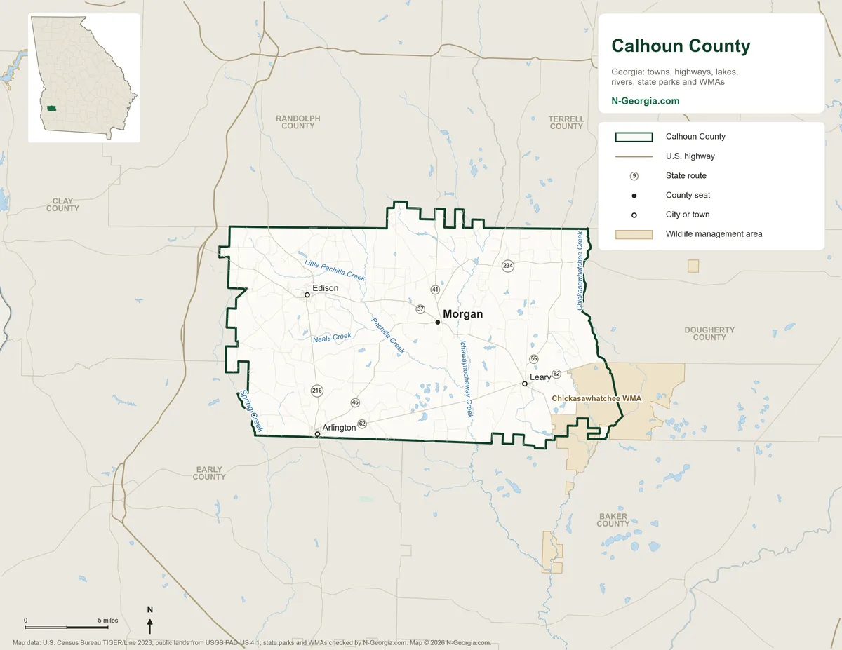 Map of Calhoun County, Georgia, showing the county seat of Morgan, other towns, highways, rivers and lakes, wildlife management areas and neighboring counties