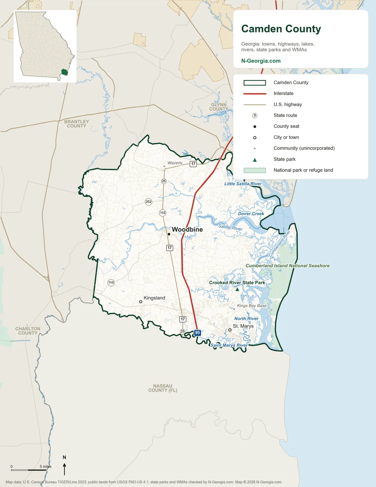 Map of Camden County, Georgia, showing the county seat of Woodbine, other towns, highways, rivers and lakes, state parks and neighboring counties
