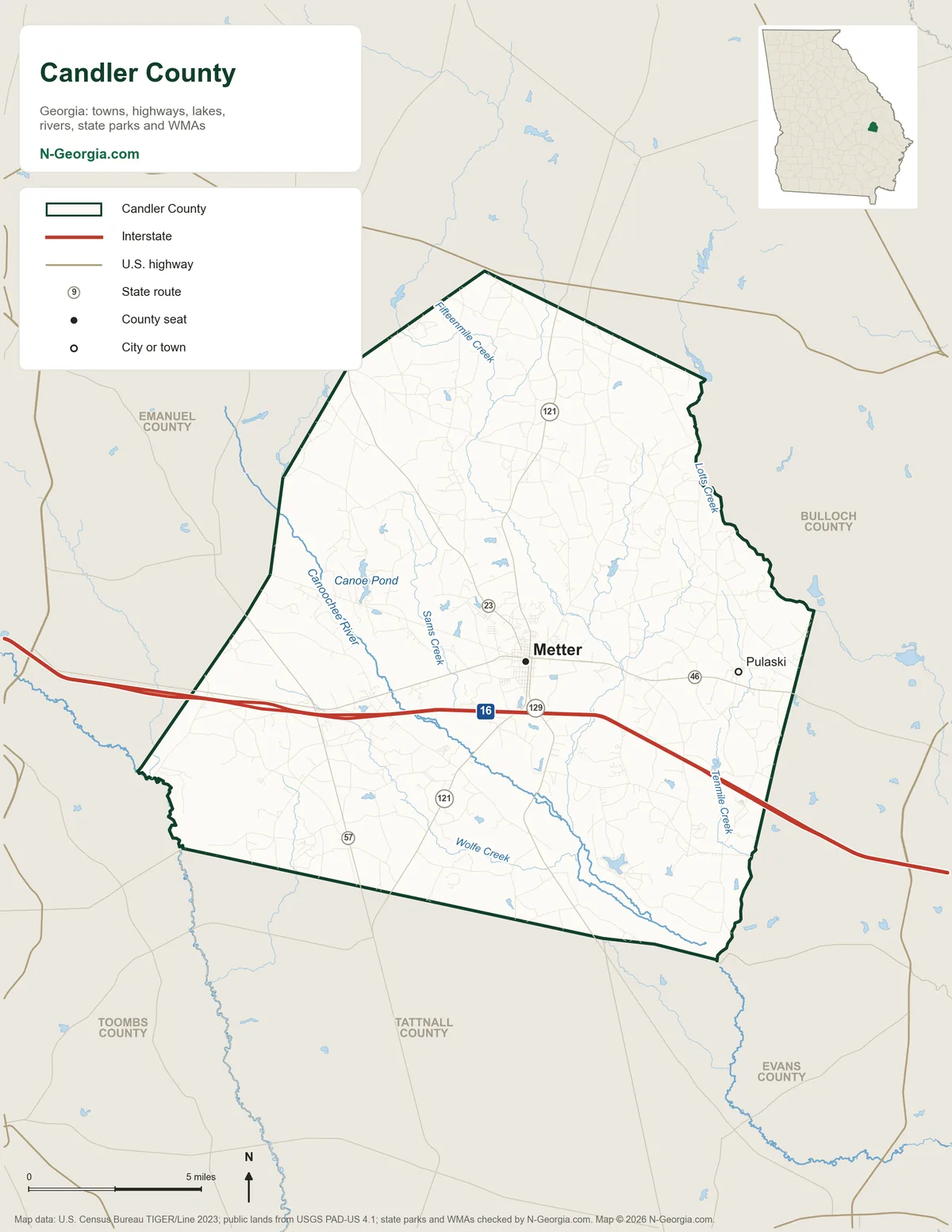 Map of Candler County, Georgia, showing the county seat of Metter, other towns, highways, rivers and lakes and neighboring counties