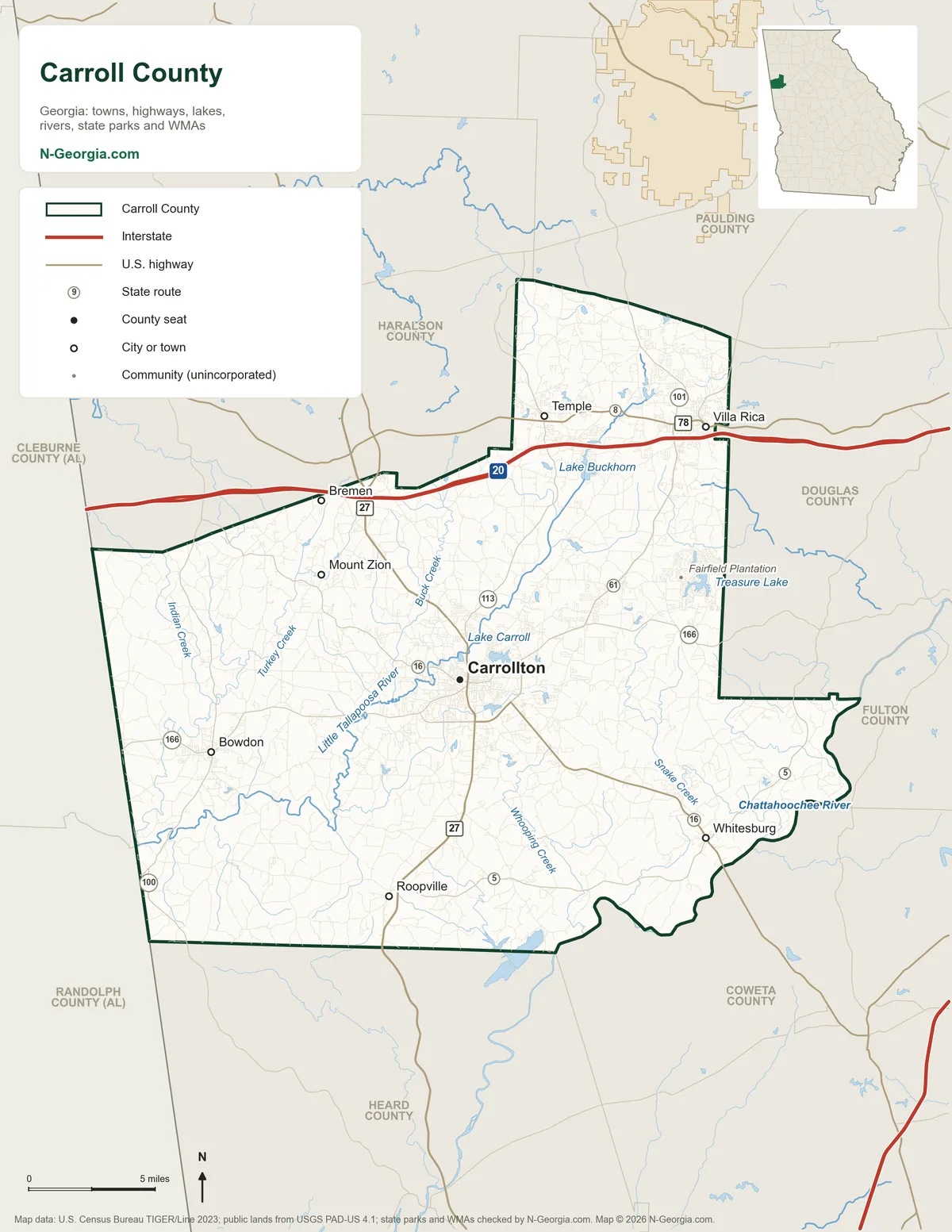 Map of Carroll County, Georgia, showing the county seat of Carrollton, other towns, highways, rivers and lakes and neighboring counties