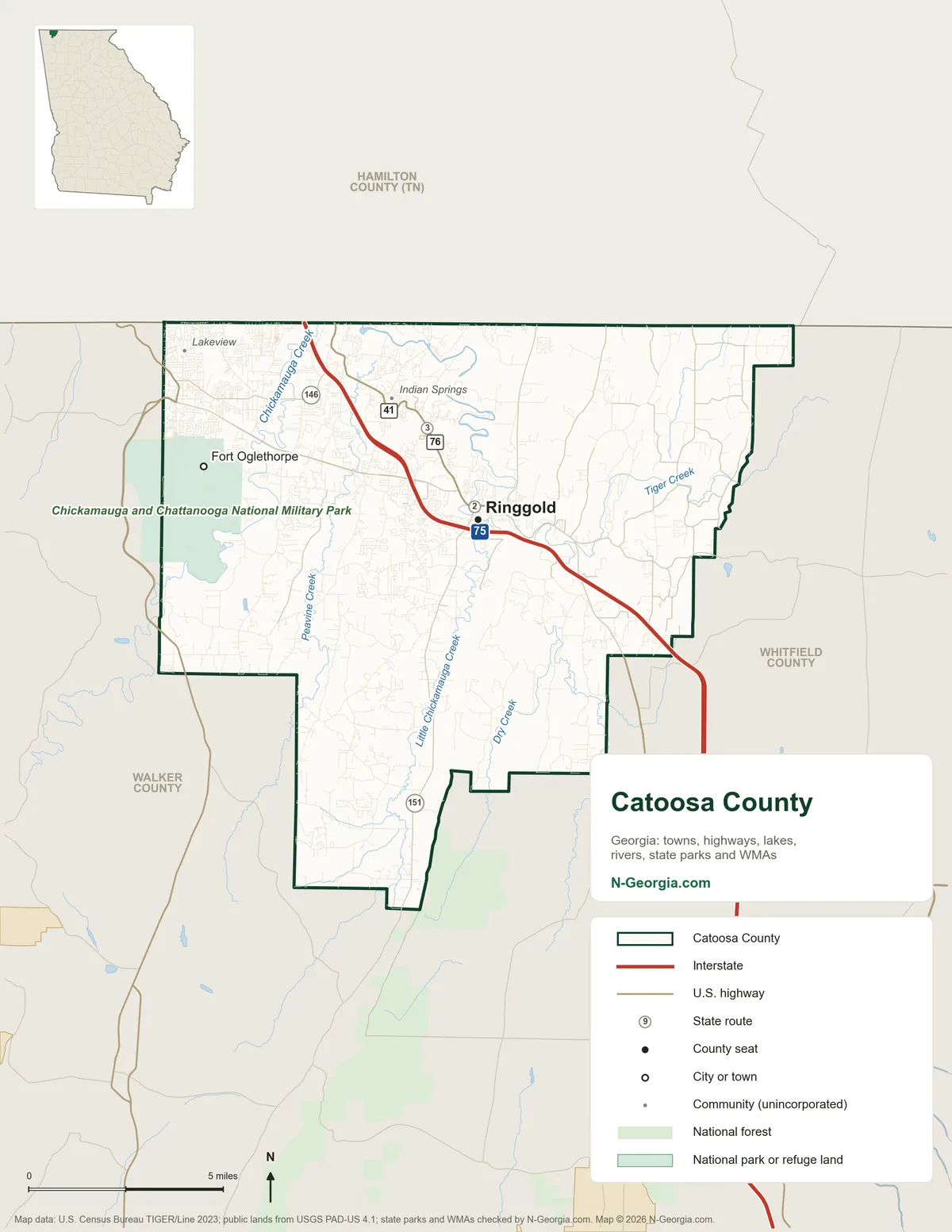 Map of Catoosa County, Georgia, showing the county seat of Ringgold, other towns, highways, rivers and lakes and neighboring counties