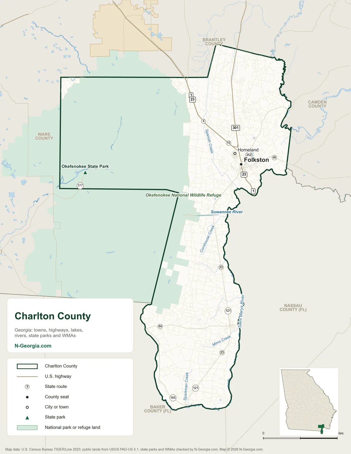 Map of Charlton County, Georgia, showing the county seat of Folkston, other towns, highways, rivers and lakes, state parks and neighboring counties