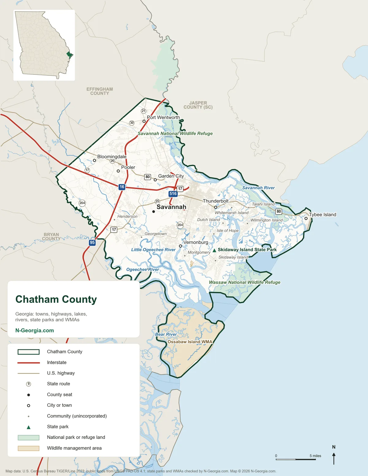 Map of Chatham County, Georgia, showing the county seat of Savannah, other towns, highways, rivers and lakes, state parks, wildlife management areas and neighboring counties