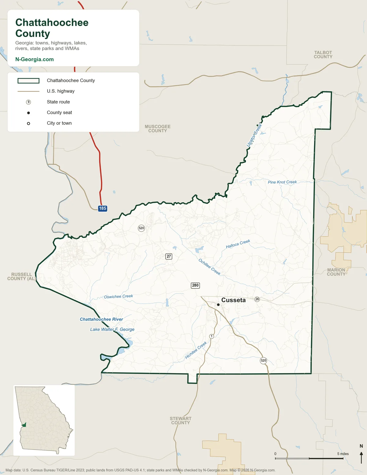 Map of Chattahoochee County, Georgia, showing the county seat of Cusseta, highways, rivers and lakes and neighboring counties