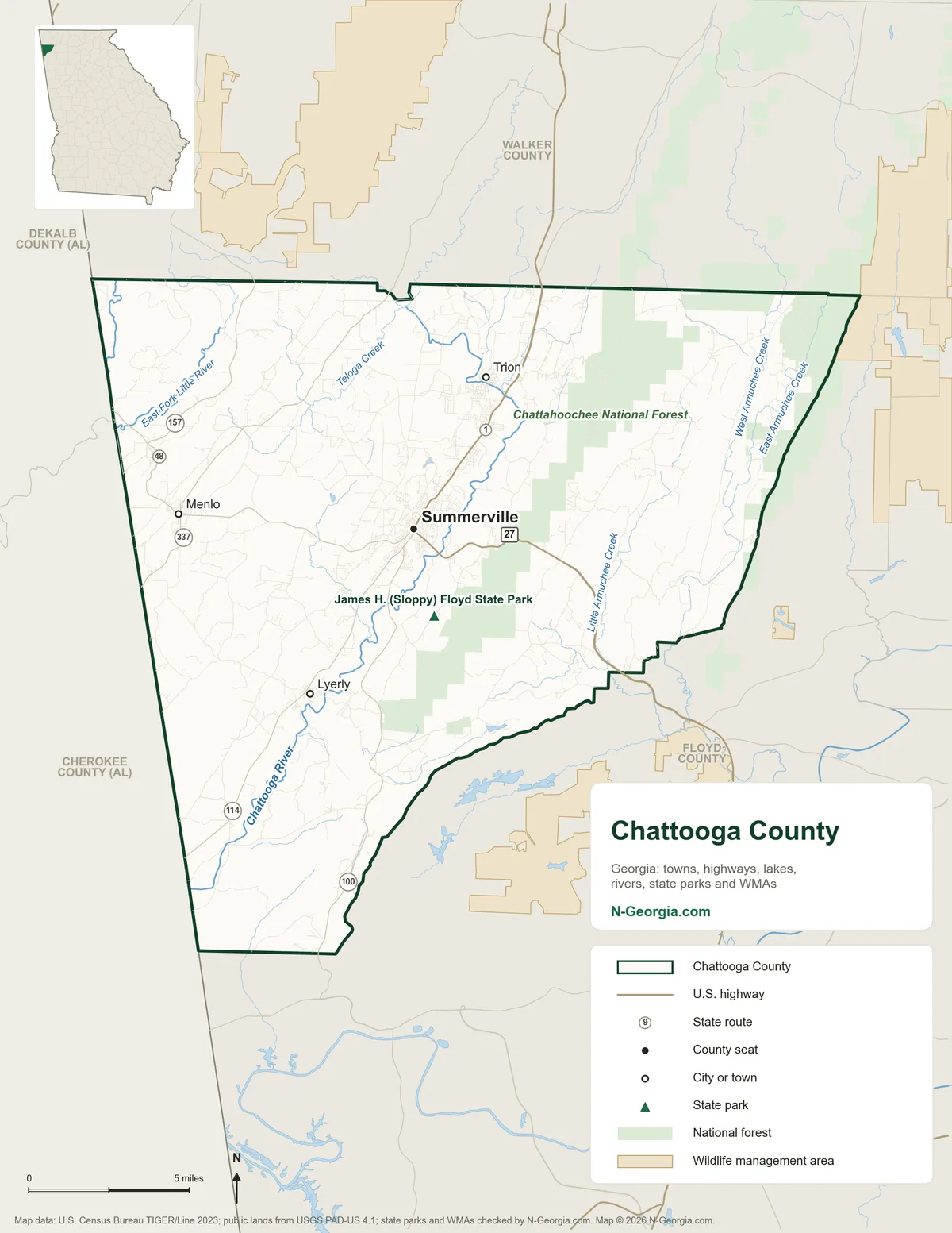 Map of Chattooga County, Georgia, showing the county seat of Summerville, other towns, highways, rivers and lakes, state parks and neighboring counties