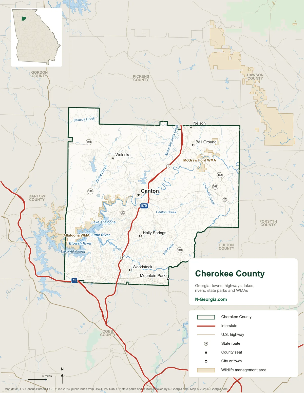 Map of Cherokee County, Georgia, showing the county seat of Canton, other towns, highways, rivers and lakes, wildlife management areas and neighboring counties