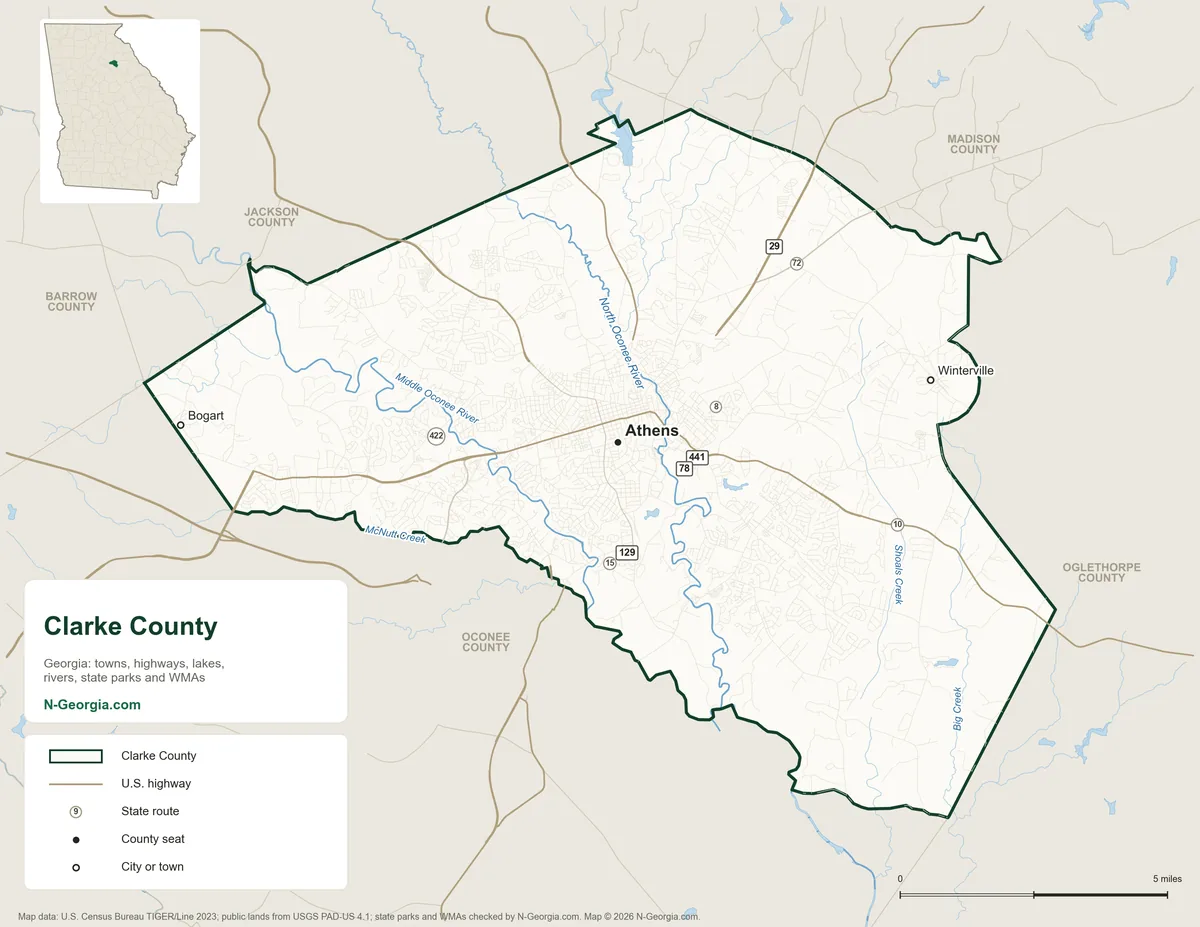 Map of Clarke County, Georgia, showing the county seat of Athens, other towns, highways, rivers and lakes and neighboring counties