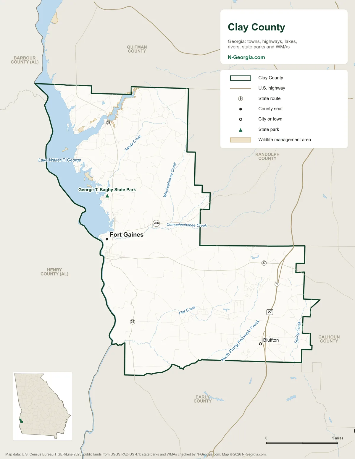 Map of Clay County, Georgia, showing the county seat of Fort Gaines, other towns, highways, rivers and lakes, state parks and neighboring counties