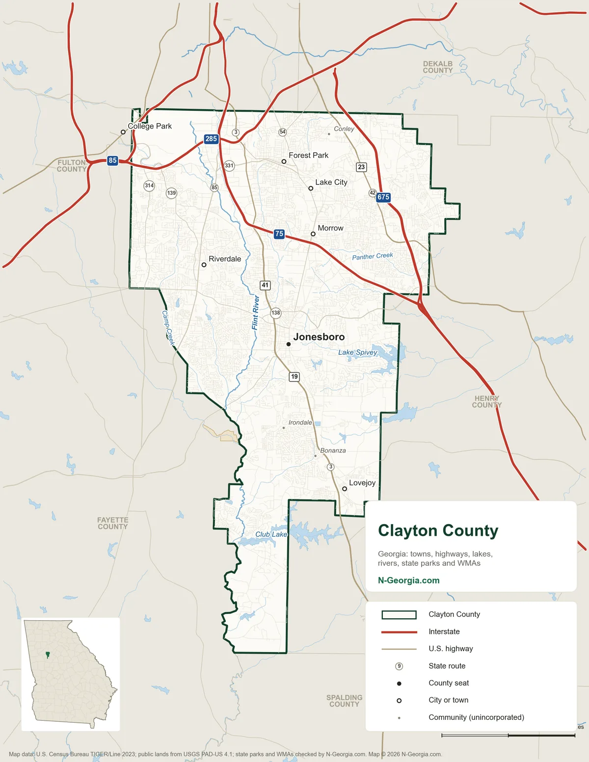 Map of Clayton County, Georgia, showing the county seat of Jonesboro, other towns, highways, rivers and lakes and neighboring counties
