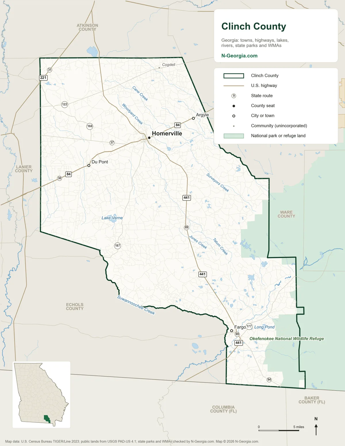 Map of Clinch County, Georgia, showing the county seat of Homerville, other towns, highways, rivers and lakes and neighboring counties
