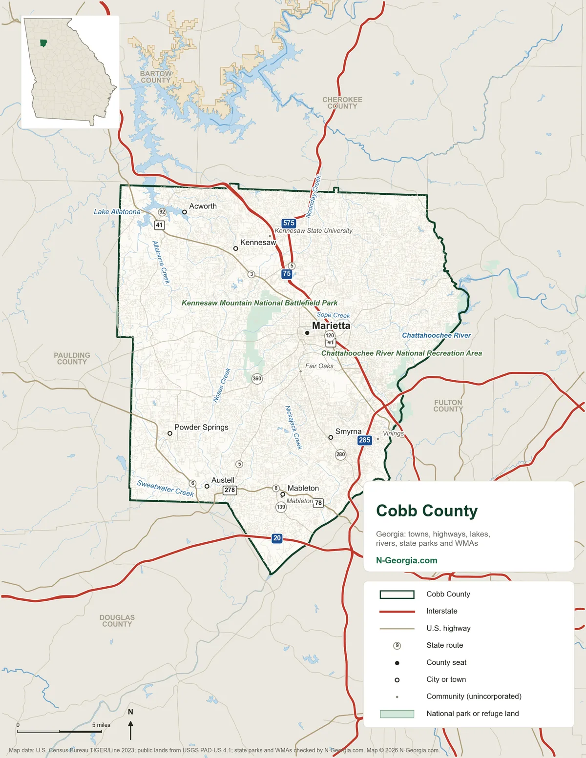 Map of Cobb County, Georgia, showing the county seat of Marietta, other towns, highways, rivers and lakes and neighboring counties