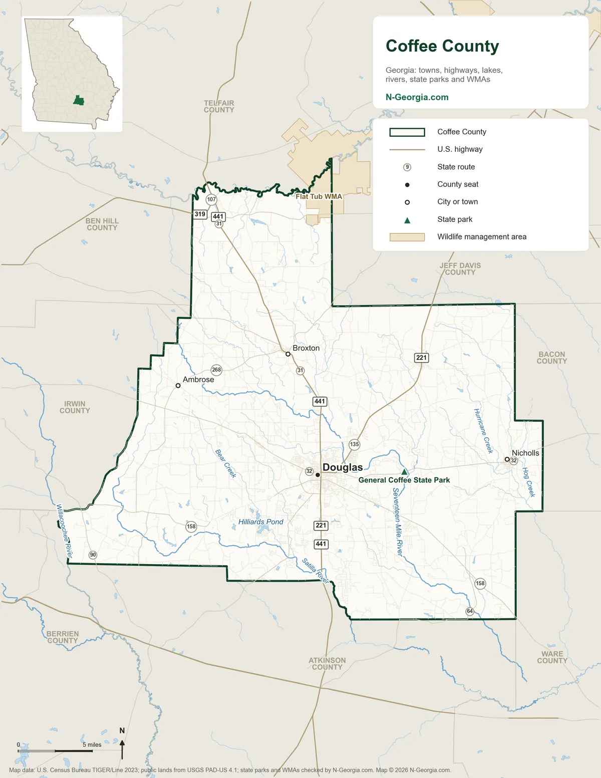 Map of Coffee County, Georgia, showing the county seat of Douglas, other towns, highways, rivers and lakes, state parks, wildlife management areas and neighboring counties