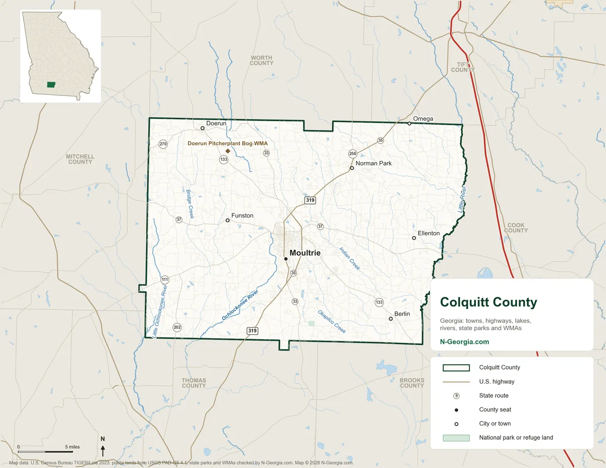 Map of Colquitt County, Georgia, showing the county seat of Moultrie, other towns, highways, rivers and lakes, wildlife management areas and neighboring counties