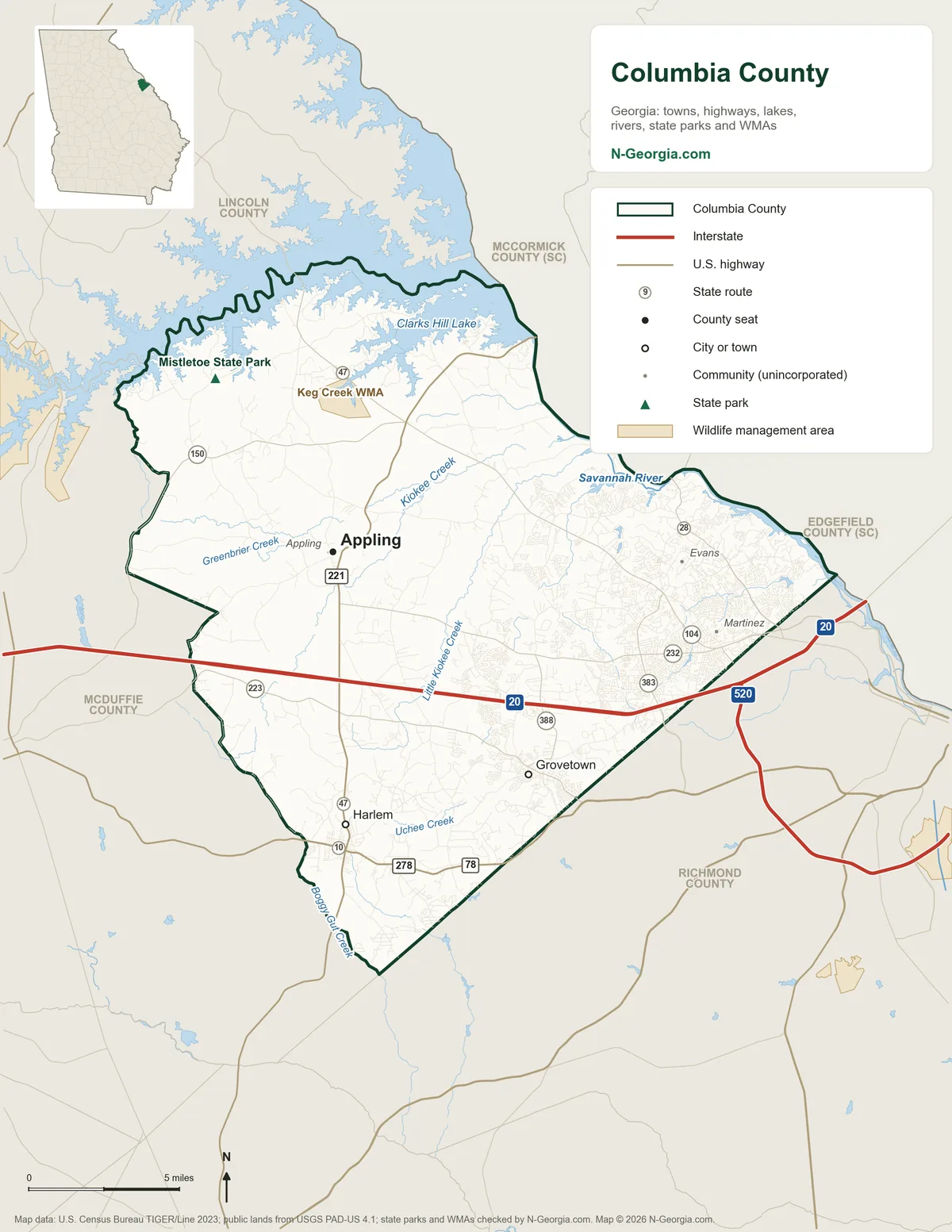 Map of Columbia County, Georgia, showing the county seat of Appling, other towns, highways, rivers and lakes, state parks, wildlife management areas and neighboring counties