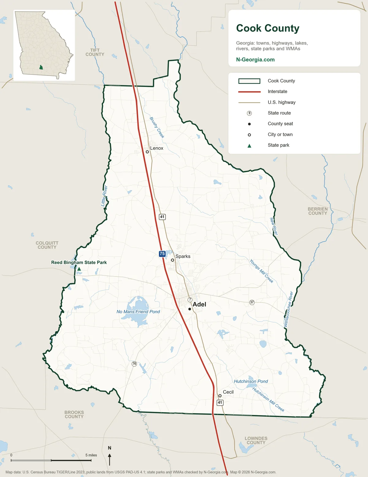 Map of Cook County, Georgia, showing the county seat of Adel, other towns, highways, rivers and lakes, state parks and neighboring counties