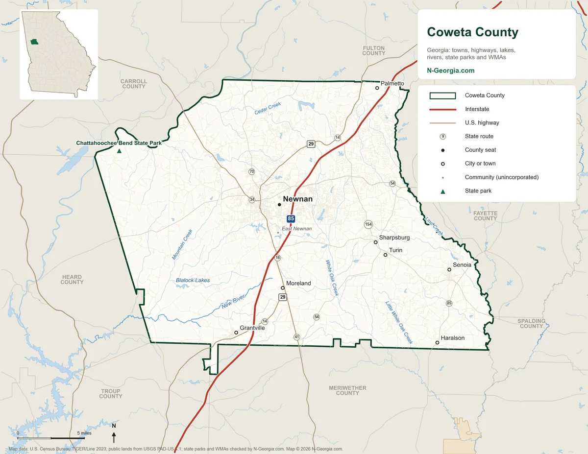 Map of Coweta County, Georgia, showing the county seat of Newnan, other towns, highways, rivers and lakes, state parks and neighboring counties