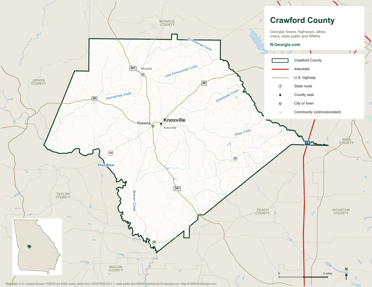 Map of Crawford County, Georgia, showing the county seat of Knoxville, highways, rivers and lakes and neighboring counties