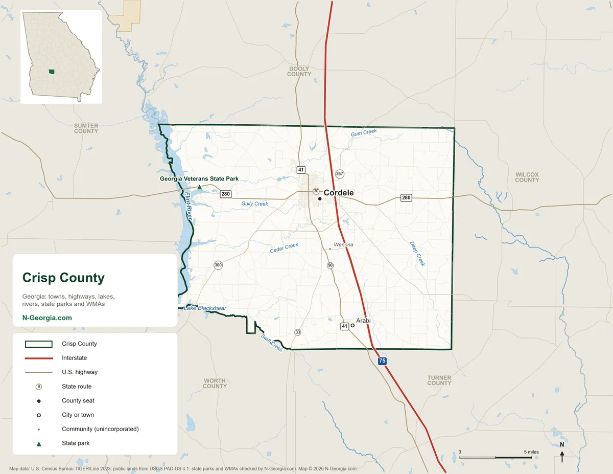 Map of Crisp County, Georgia, showing the county seat of Cordele, other towns, highways, rivers and lakes, state parks and neighboring counties