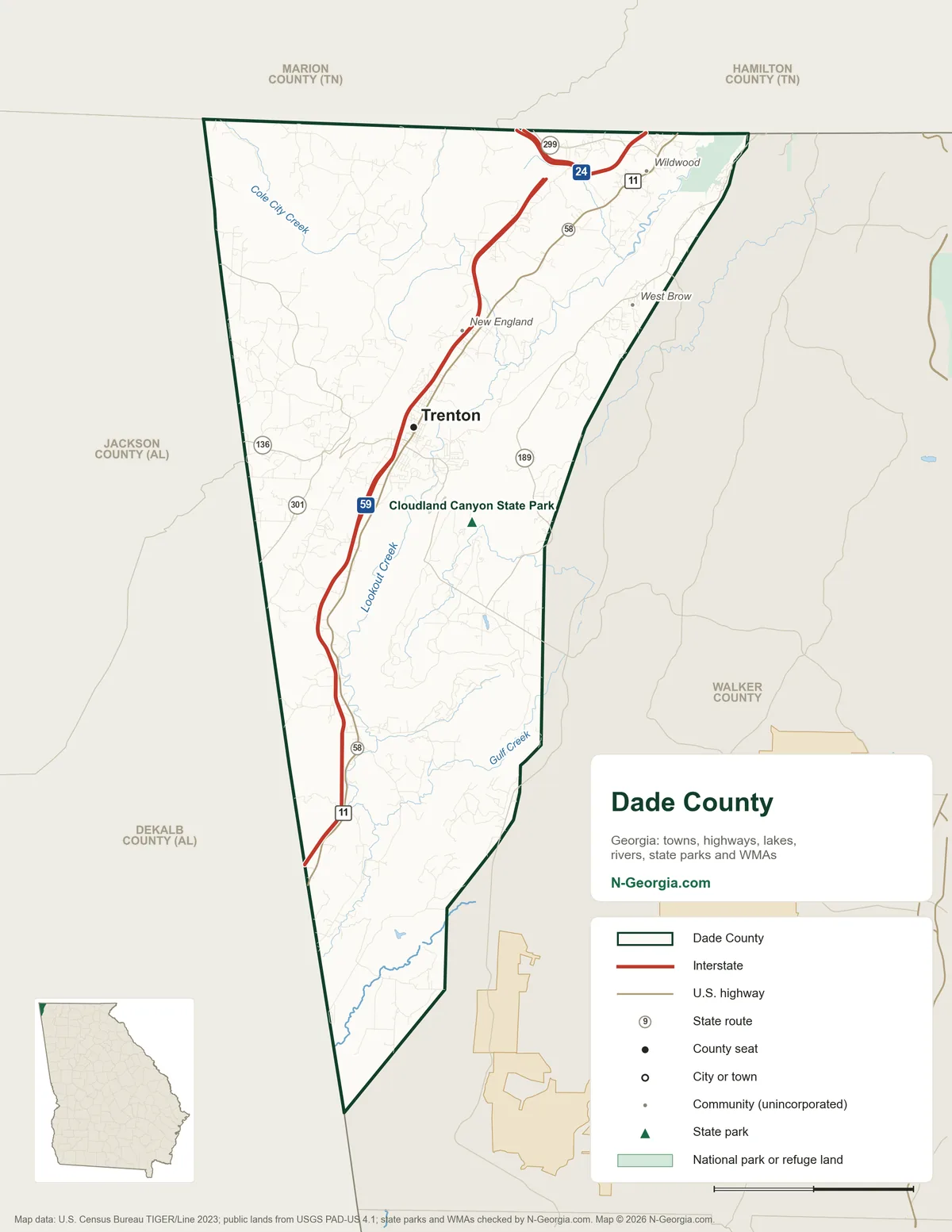 Map of Dade County, Georgia, showing the county seat of Trenton, highways, rivers and lakes, state parks and neighboring counties