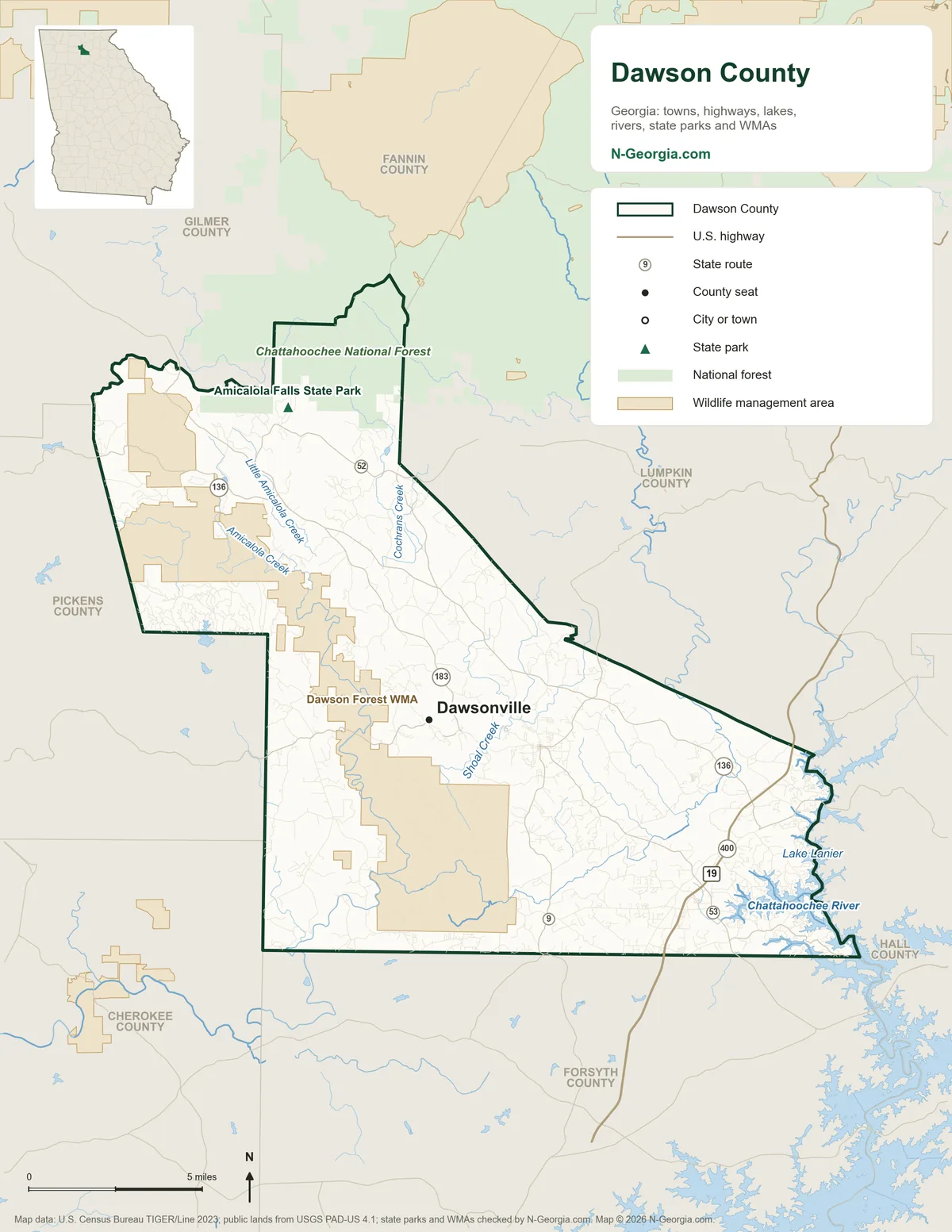 Map of Dawson County, Georgia, showing the county seat of Dawsonville, highways, rivers and lakes, state parks, wildlife management areas and neighboring counties