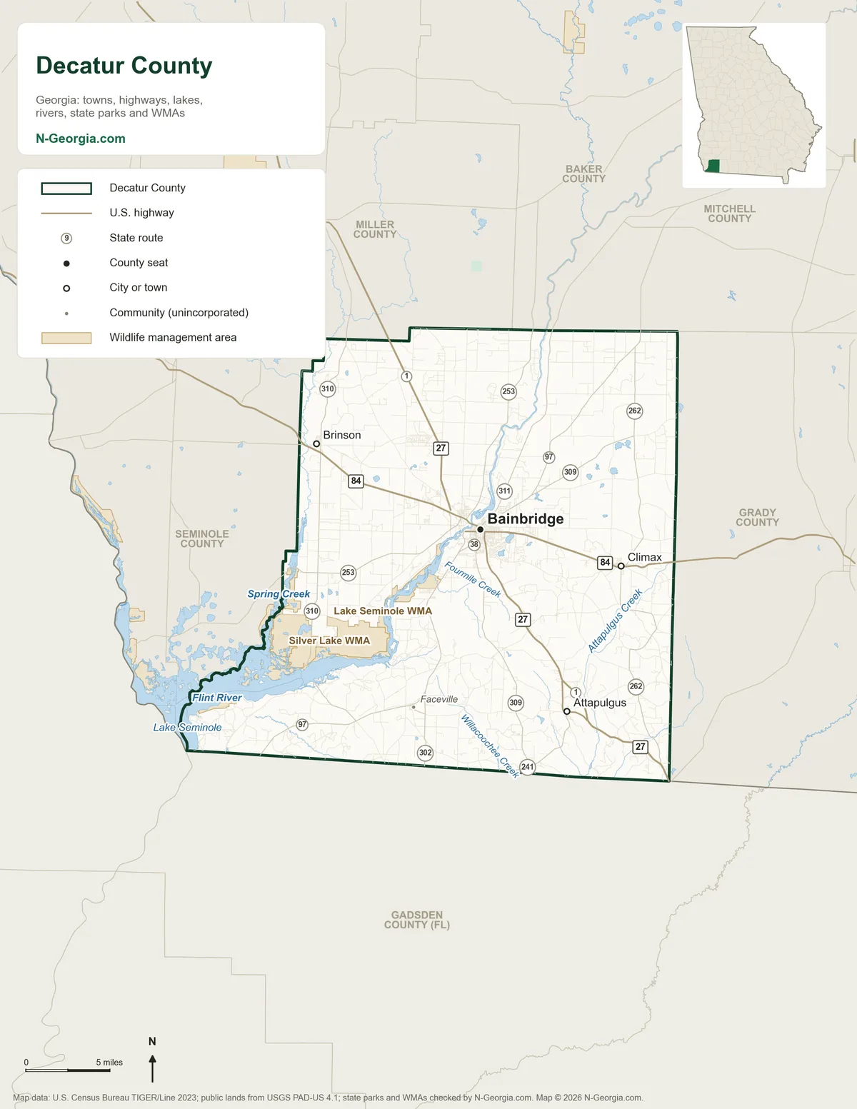 Map of Decatur County, Georgia, showing the county seat of Bainbridge, other towns, highways, rivers and lakes, wildlife management areas and neighboring counties