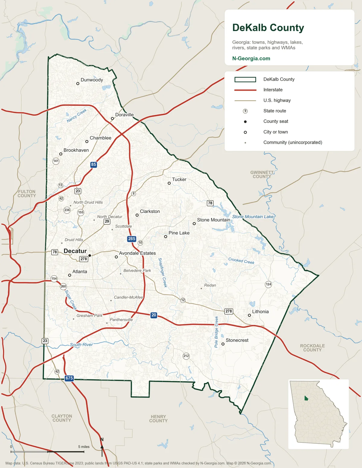 Map of DeKalb County, Georgia, showing the county seat of Decatur, other towns, highways, rivers and lakes and neighboring counties