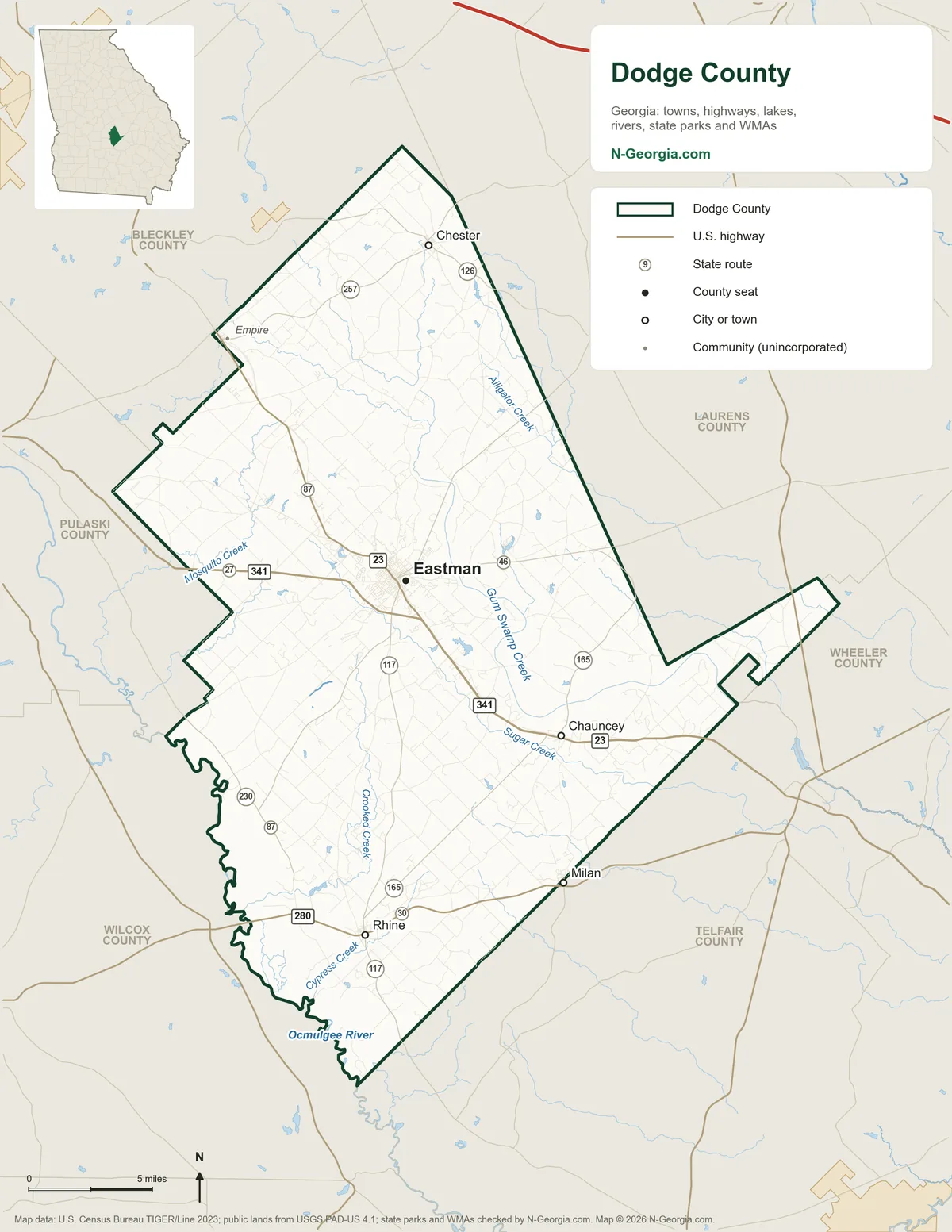 Map of Dodge County, Georgia, showing the county seat of Eastman, other towns, highways, rivers and lakes and neighboring counties