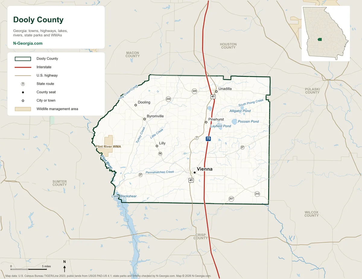 Map of Dooly County, Georgia, showing the county seat of Vienna, other towns, highways, rivers and lakes, wildlife management areas and neighboring counties