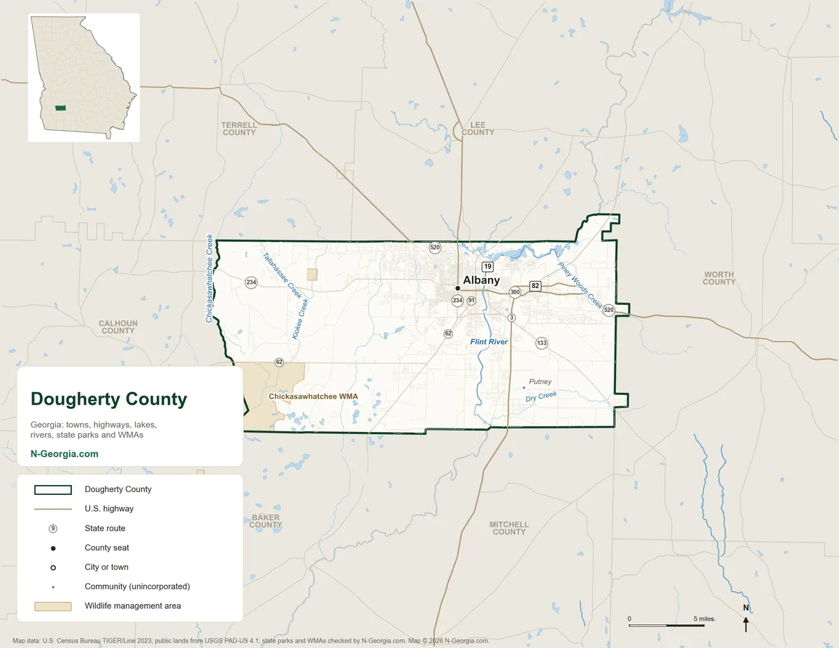 Map of Dougherty County, Georgia, showing the county seat of Albany, highways, rivers and lakes, wildlife management areas and neighboring counties