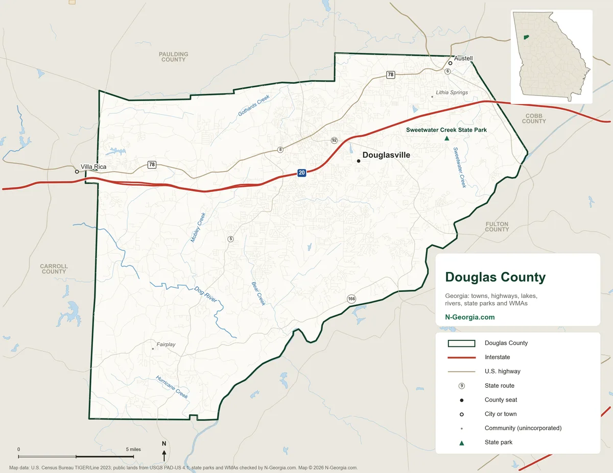 Map of Douglas County, Georgia, showing the county seat of Douglasville, other towns, highways, rivers and lakes, state parks and neighboring counties