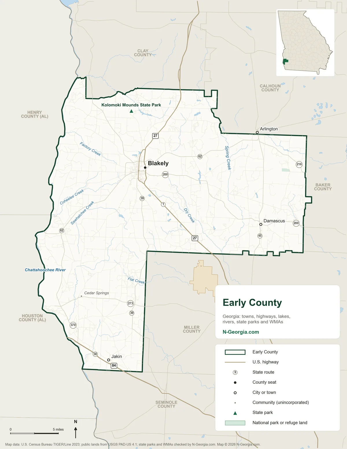 Map of Early County, Georgia, showing the county seat of Blakely, other towns, highways, rivers and lakes, state parks and neighboring counties