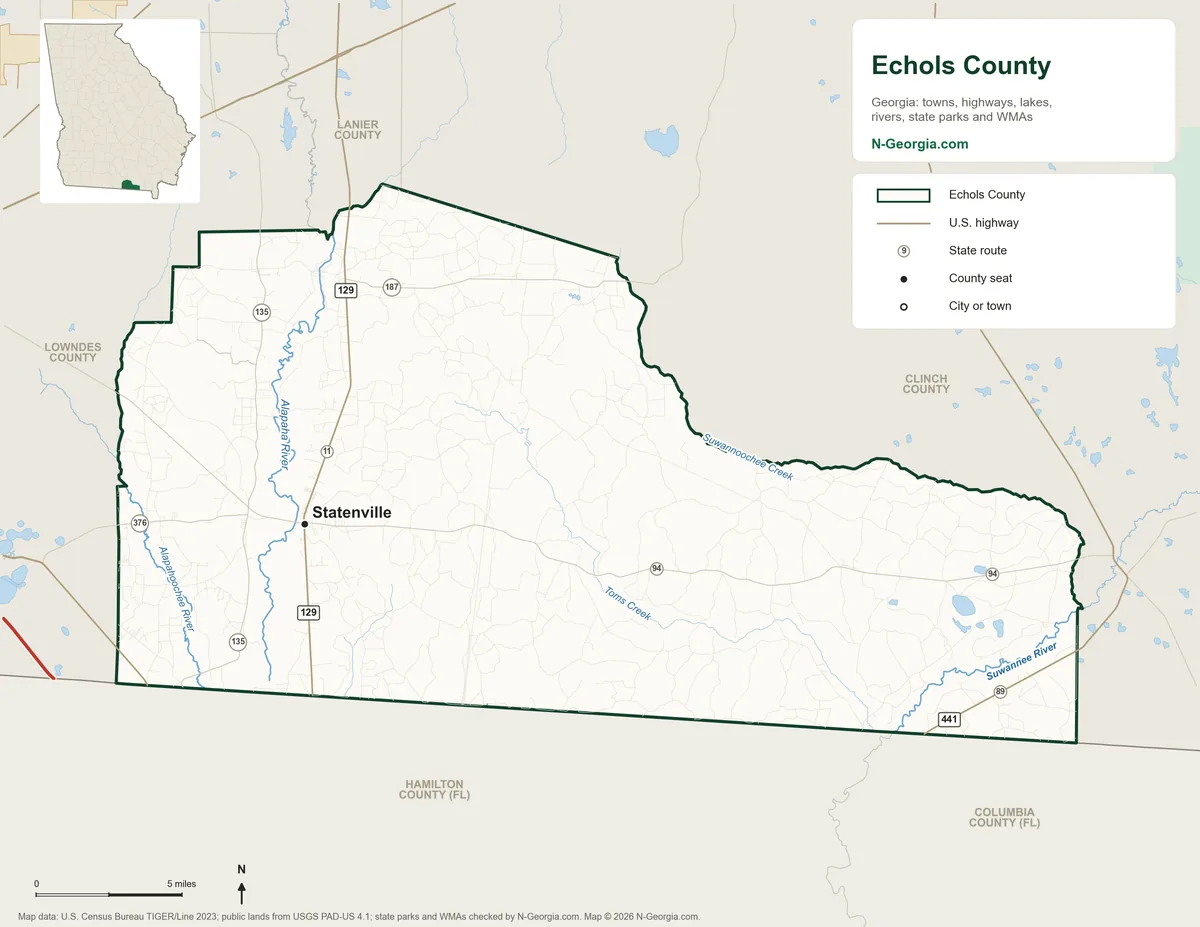 Map of Echols County, Georgia, showing the county seat of Statenville, highways, rivers and lakes and neighboring counties