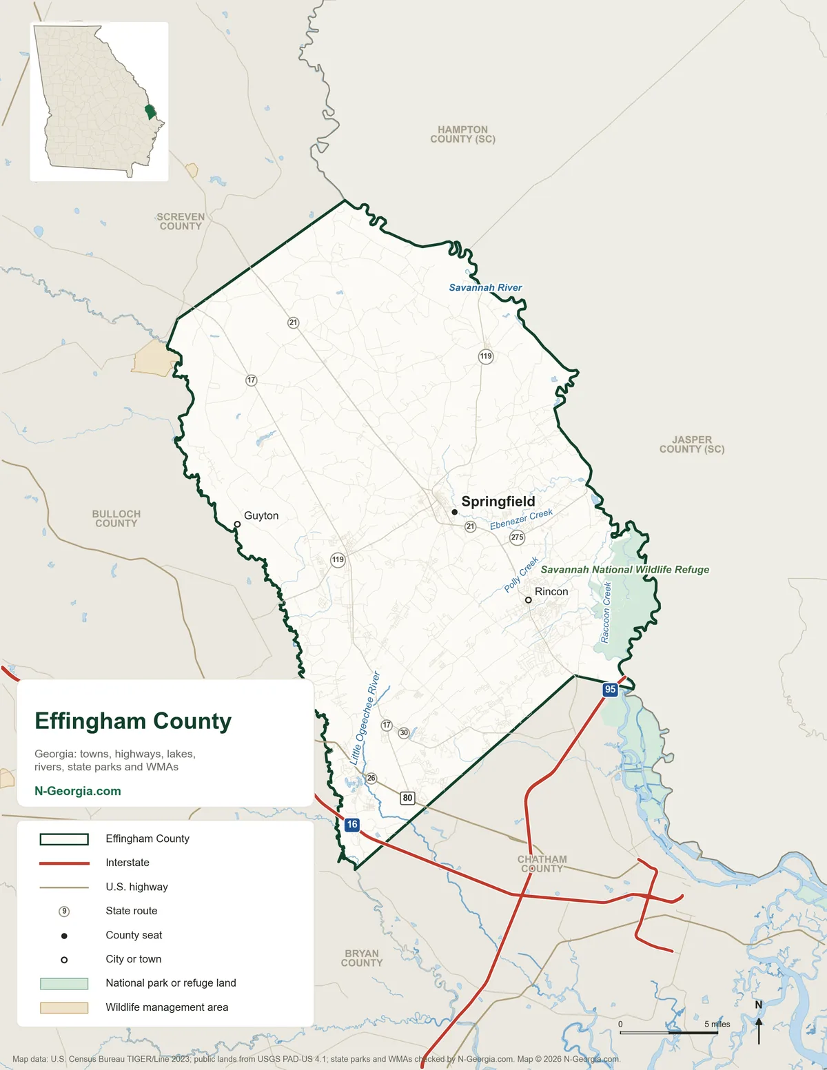 Map of Effingham County, Georgia, showing the county seat of Springfield, other towns, highways, rivers and lakes and neighboring counties