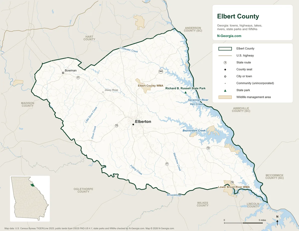 Map of Elbert County, Georgia, showing the county seat of Elberton, other towns, highways, rivers and lakes, state parks, wildlife management areas and neighboring counties