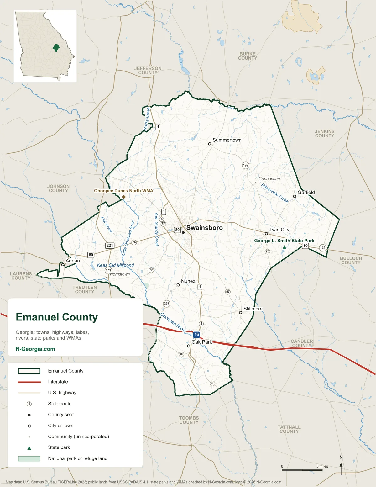 Map of Emanuel County, Georgia, showing the county seat of Swainsboro, other towns, highways, rivers and lakes, state parks, wildlife management areas and neighboring counties