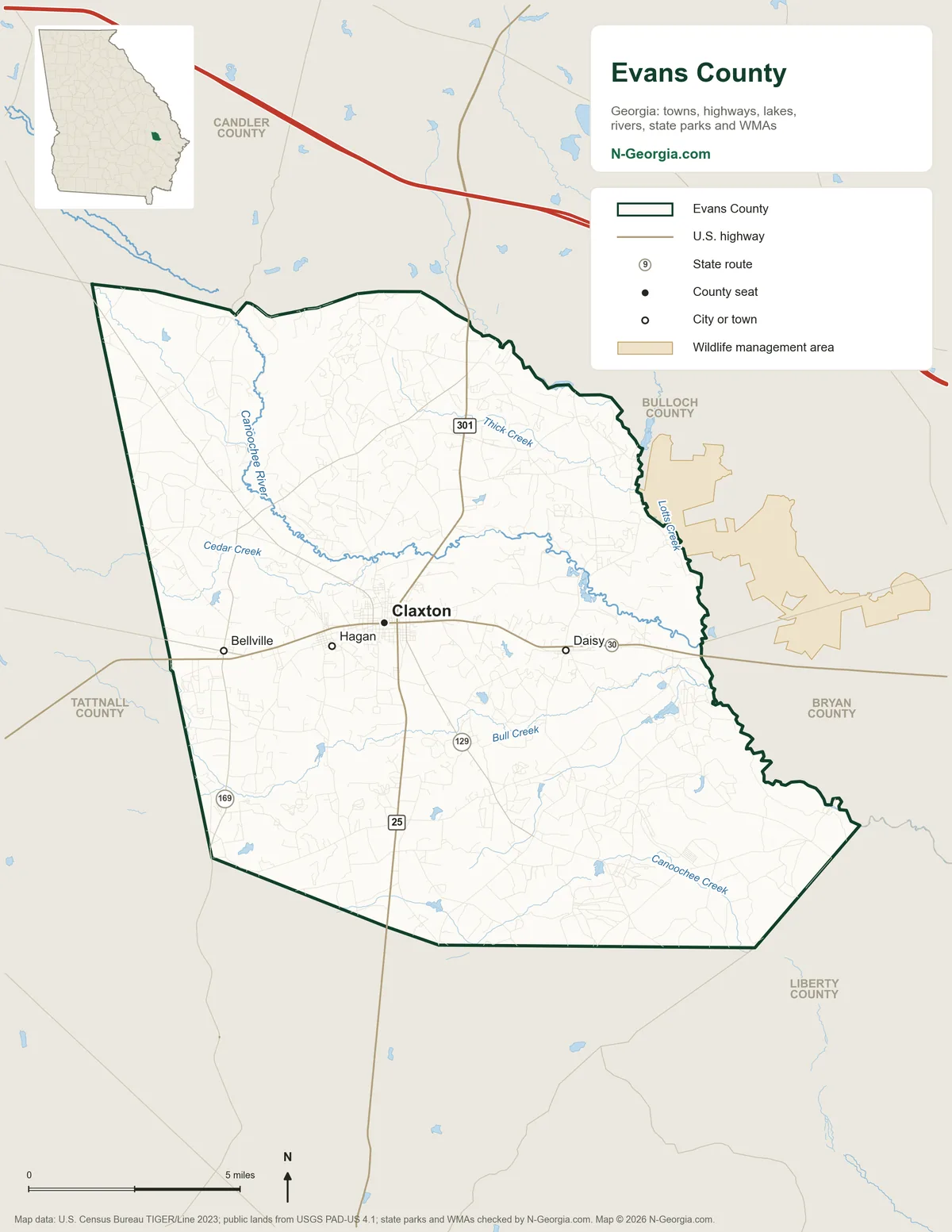 Map of Evans County, Georgia, showing the county seat of Claxton, other towns, highways, rivers and lakes and neighboring counties