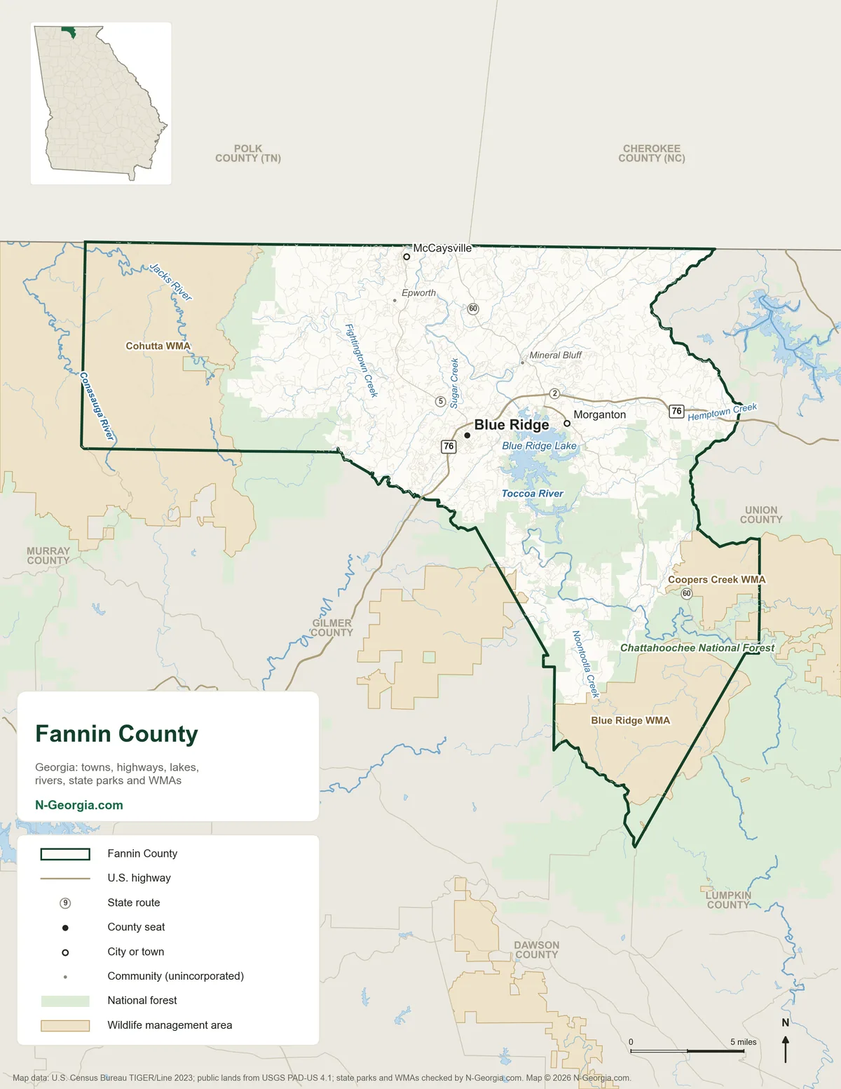 Map of Fannin County, Georgia, showing the county seat of Blue Ridge, other towns, highways, rivers and lakes, wildlife management areas and neighboring counties