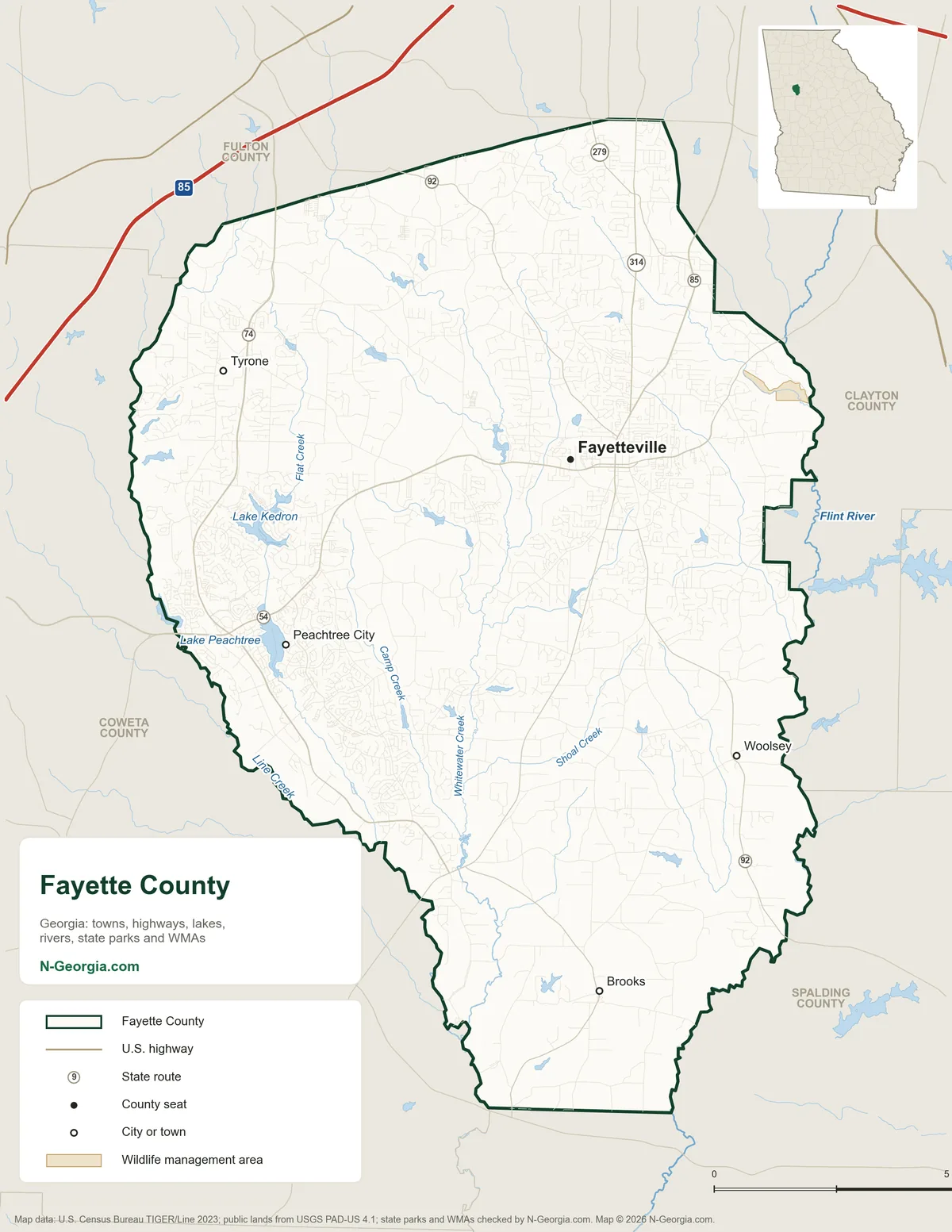 Map of Fayette County, Georgia, showing the county seat of Fayetteville, other towns, highways, rivers and lakes and neighboring counties