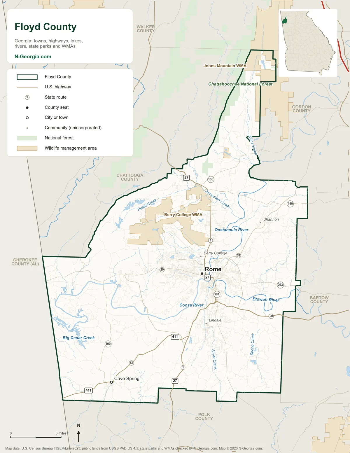 Map of Floyd County, Georgia, showing the county seat of Rome, other towns, highways, rivers and lakes, wildlife management areas and neighboring counties