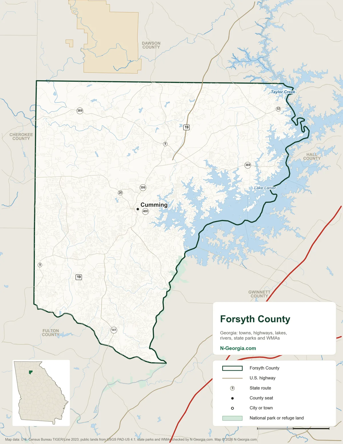 Map of Forsyth County, Georgia, showing the county seat of Cumming, highways, rivers and lakes and neighboring counties