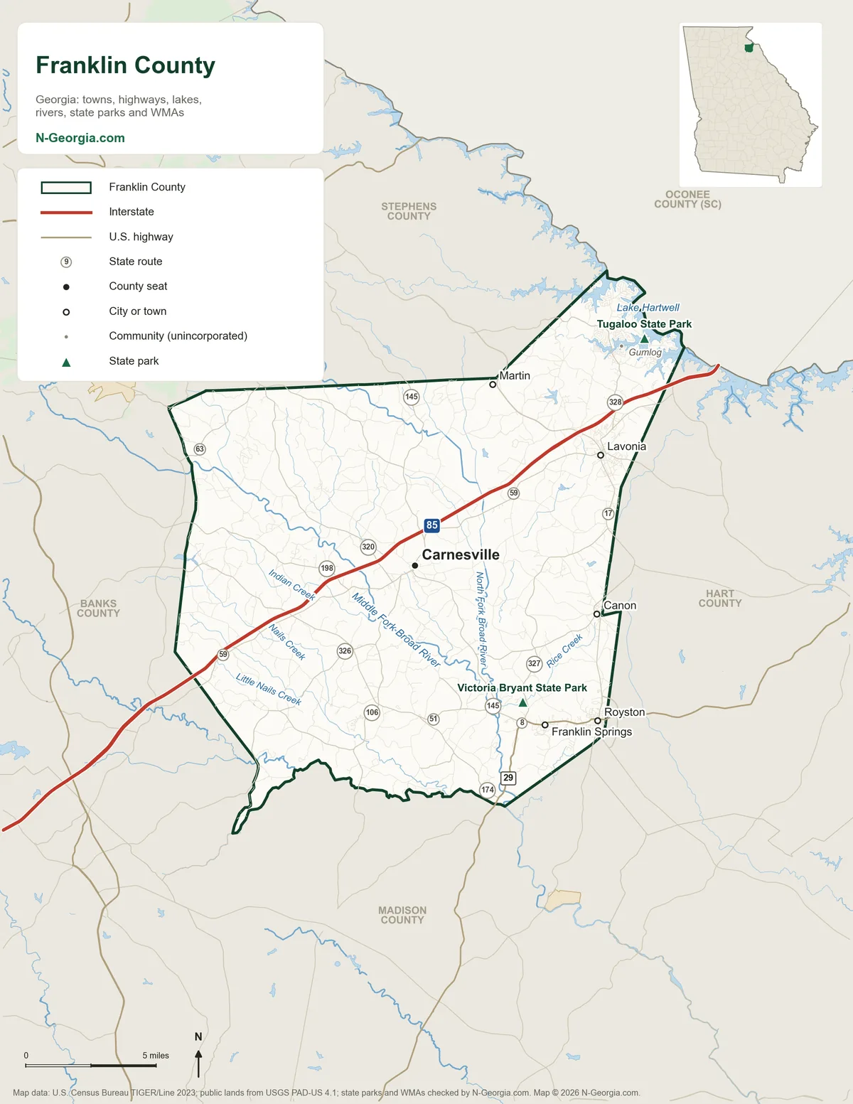 Map of Franklin County, Georgia, showing the county seat of Carnesville, other towns, highways, rivers and lakes, state parks and neighboring counties