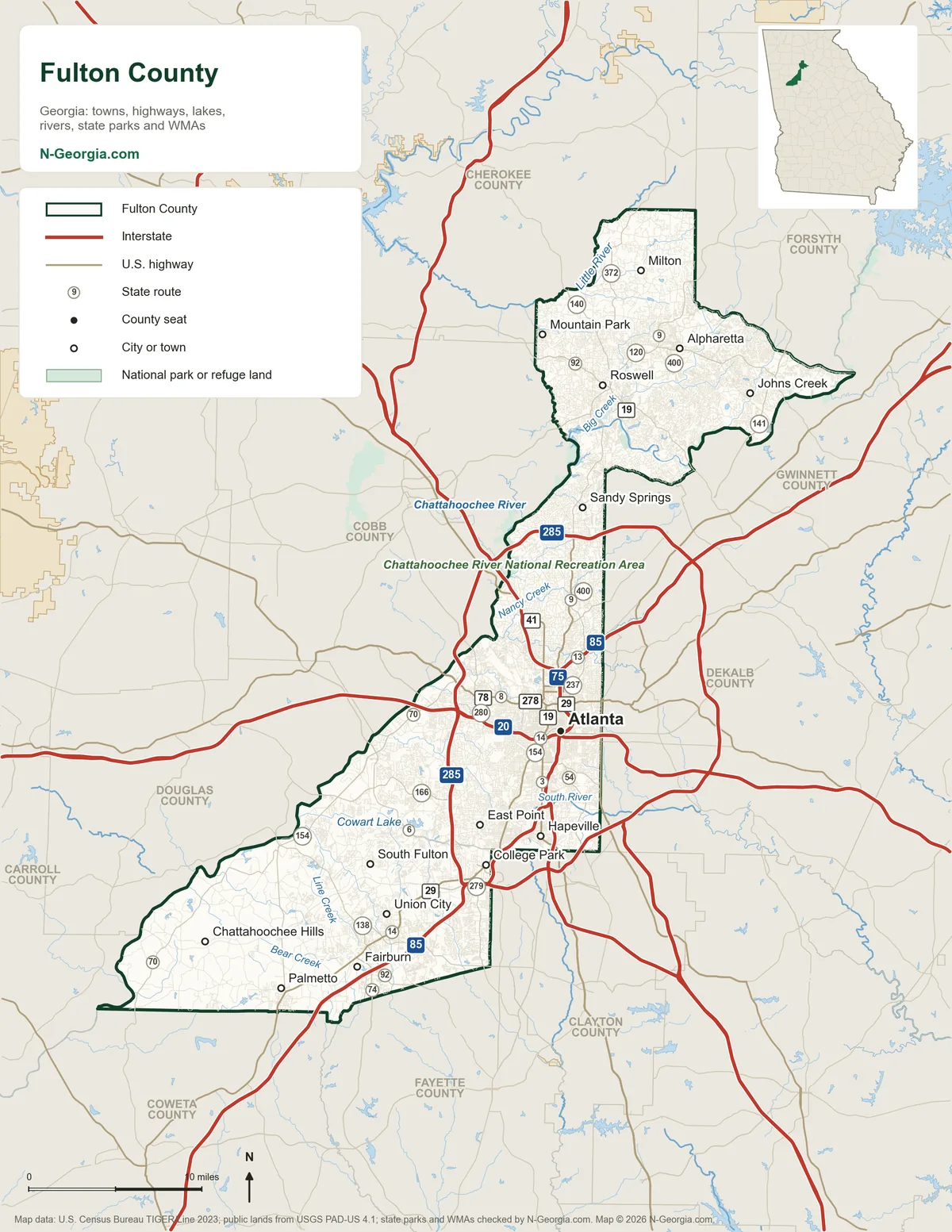 Map of Fulton County, Georgia, showing the county seat of Atlanta, other towns, highways, rivers and lakes and neighboring counties