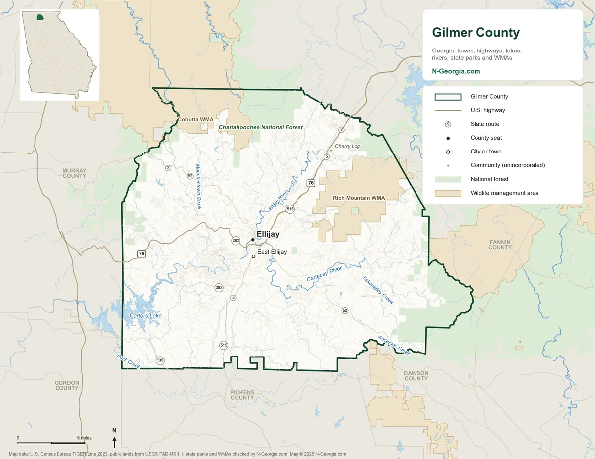 Map of Gilmer County, Georgia, showing the county seat of Ellijay, other towns, highways, rivers and lakes, wildlife management areas and neighboring counties