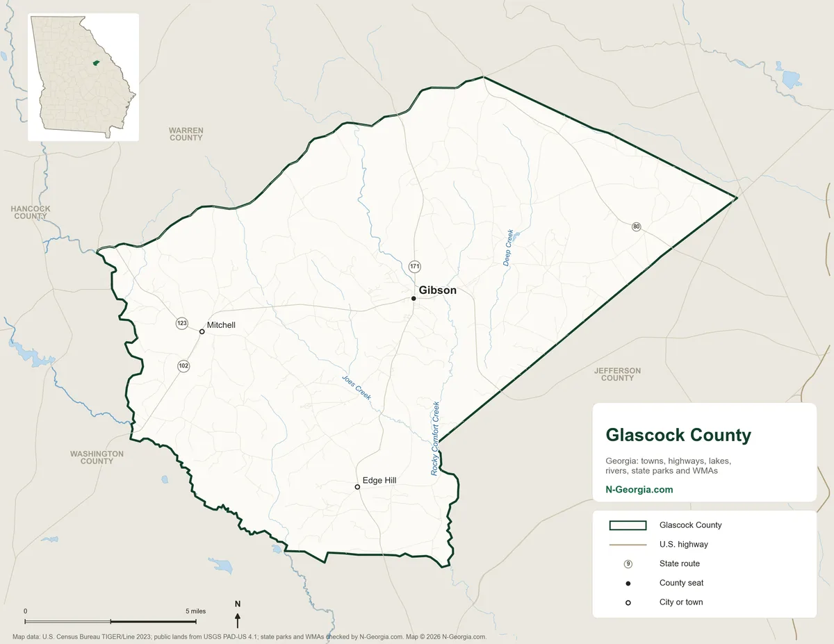 Map of Glascock County, Georgia, showing the county seat of Gibson, other towns, highways, rivers and lakes and neighboring counties
