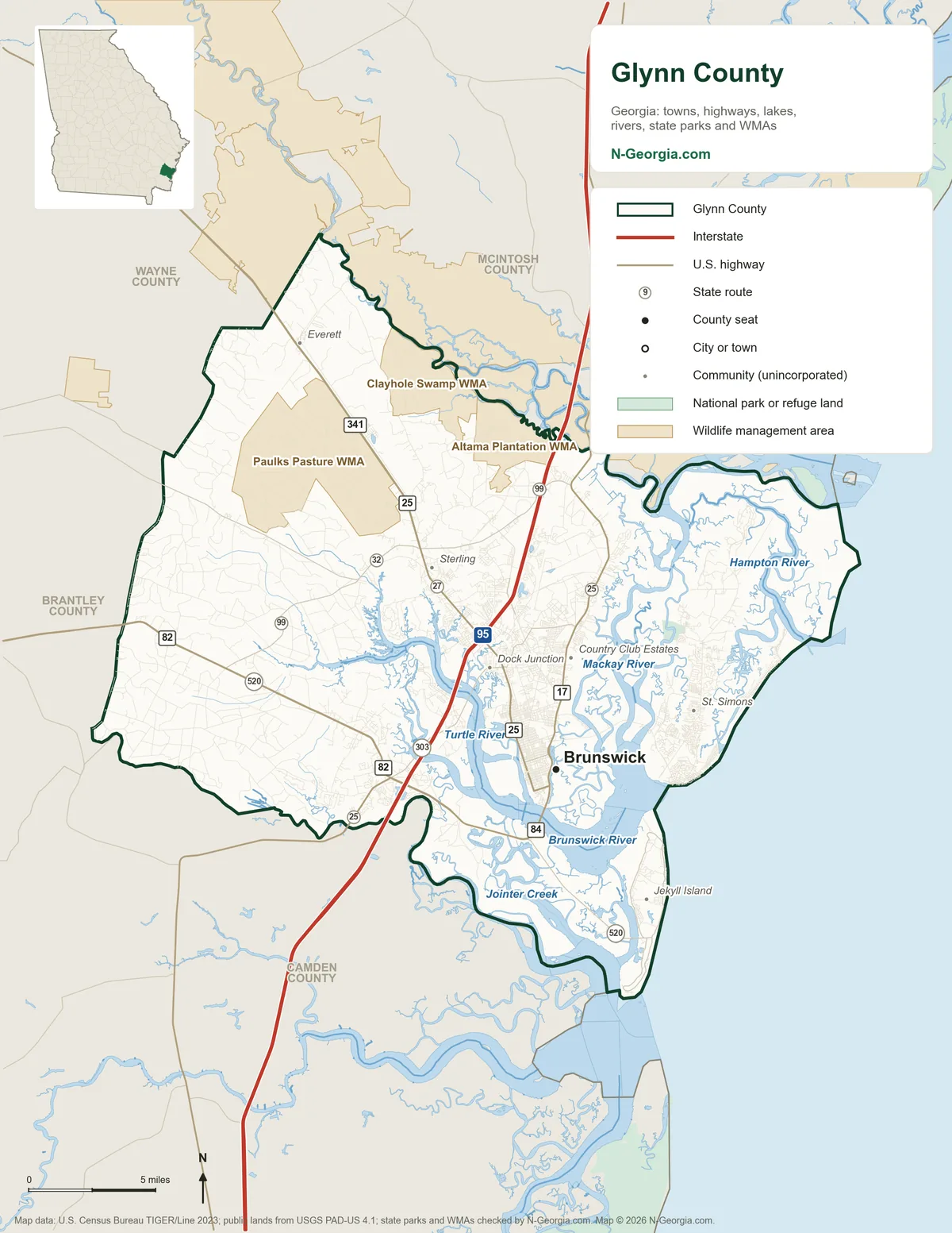 Map of Glynn County, Georgia, showing the county seat of Brunswick, highways, rivers and lakes, wildlife management areas and neighboring counties
