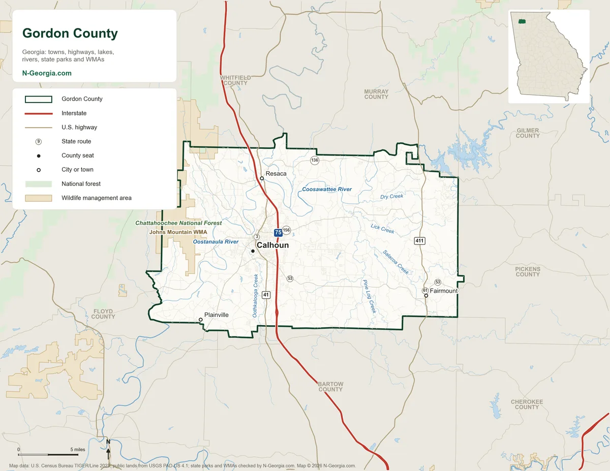 Map of Gordon County, Georgia, showing the county seat of Calhoun, other towns, highways, rivers and lakes, wildlife management areas and neighboring counties