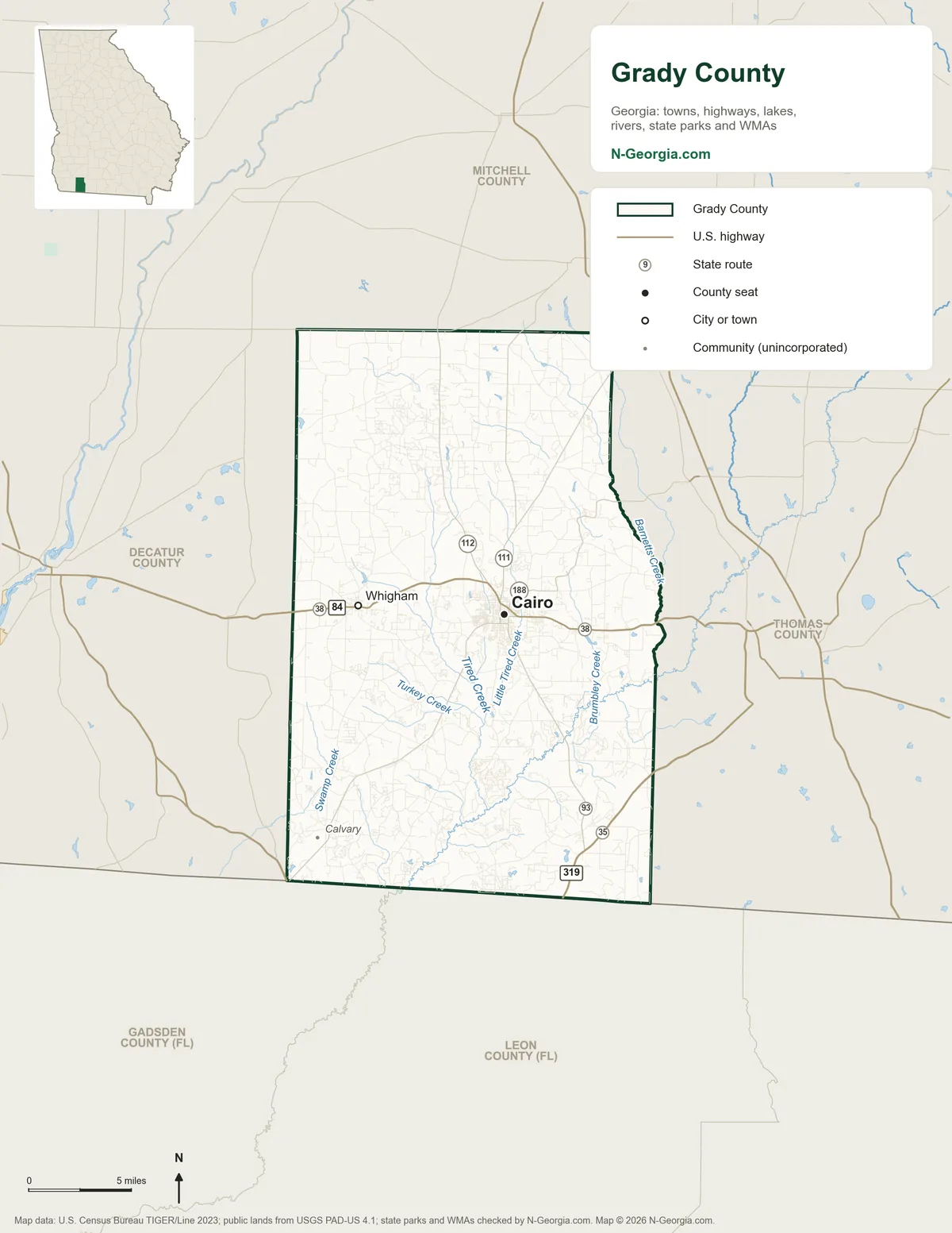 Map of Grady County, Georgia, showing the county seat of Cairo, other towns, highways, rivers and lakes and neighboring counties