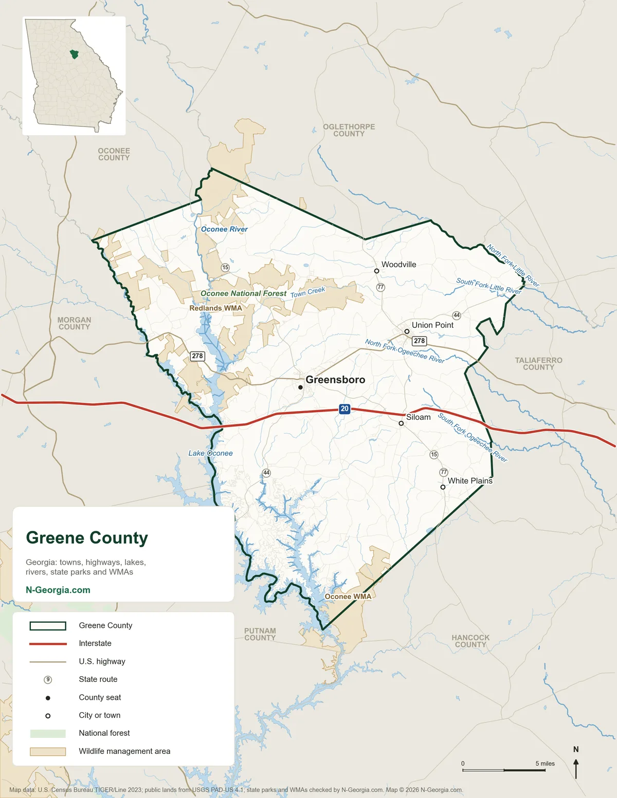 Map of Greene County, Georgia, showing the county seat of Greensboro, other towns, highways, rivers and lakes, wildlife management areas and neighboring counties