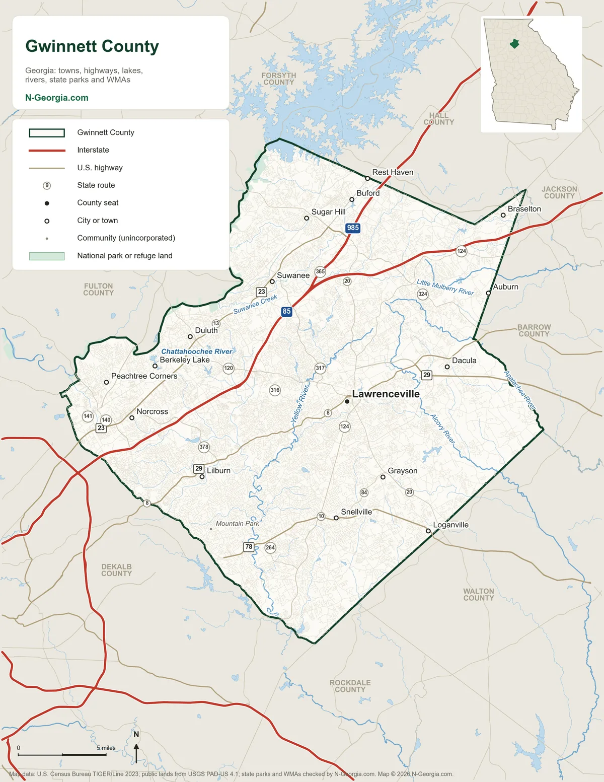 Map of Gwinnett County, Georgia, showing the county seat of Lawrenceville, other towns, highways, rivers and lakes and neighboring counties